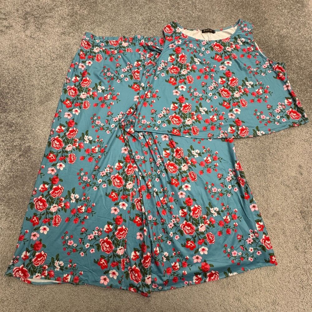 Roylamp 2Pc Set Outfit Wide Leg Pants Cropped Tank Top Womens 2XL Blue Floral